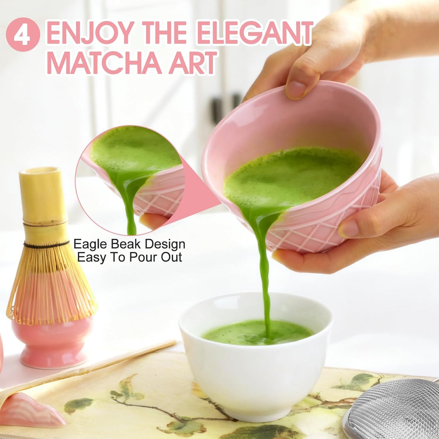 Sakura Pink Matcha Whisk Set-8pcs,Japanese Tea Set Includes Matcha Bowl with Ice Cream Design, Tea Mat and Matcha Canister, 16OZ Matcha Kit for Ceremony