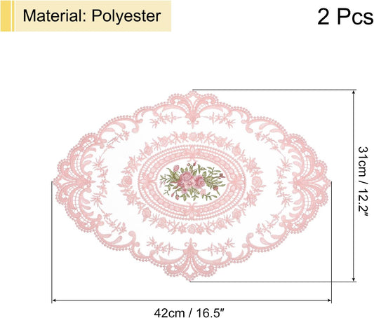 2Pack Retro Lace Placemat 12x16-in Oval Embroidered Table Place Mats French Crochet Doilies Coasters Cup Mat for Home Wedding, Pink