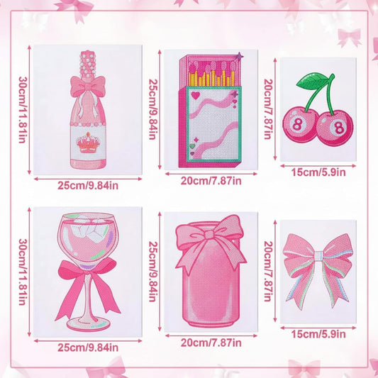 FunooFuno 6 Pcs Pink Bow Diamond Painting Kits with Frames Multiple Sizes DIY Coquette Diamond Art Kits for Adults Pink Aesthetic Room Decor Cute Bow Pictures Craft for Home Wall Decor