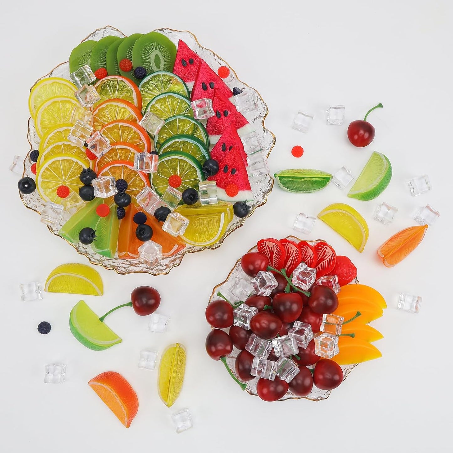 Gresorth 160pcs Artificial Kiwi Slice Yellow Peach Lemon Decoration Fake Watermelon Strawberry Block Realistic Raspberry Blueberry Cherry Ice Cube Display