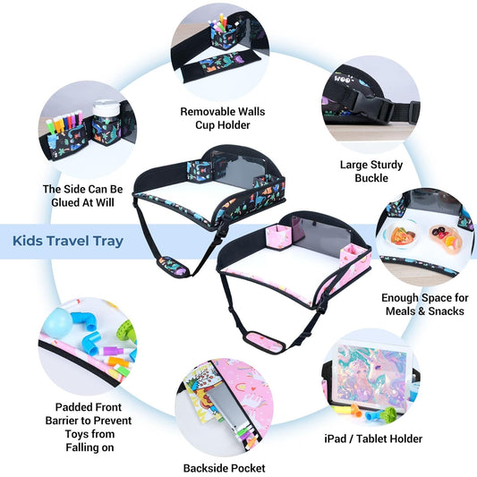 COOLBEBE Kids Travel Tray for Toddler Car Seat, 2PCS Travel Tray for Airplane, Lap Tray, Carseat Table Tray for Kids Travel Activities, Dinosaur & Pink Unicorn