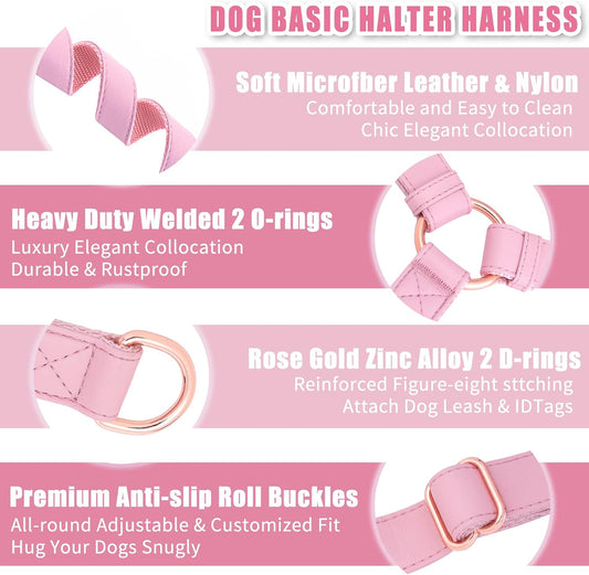 Soft Leather No Pull Dog Harness - Adjustable Step in Dog Harness with Rose Gold Heavy Duty Metal Buckle, Freedom Nylon Dog Halter Vests for Small Medium Large Dogs Easy Walking Training (Pink,S)