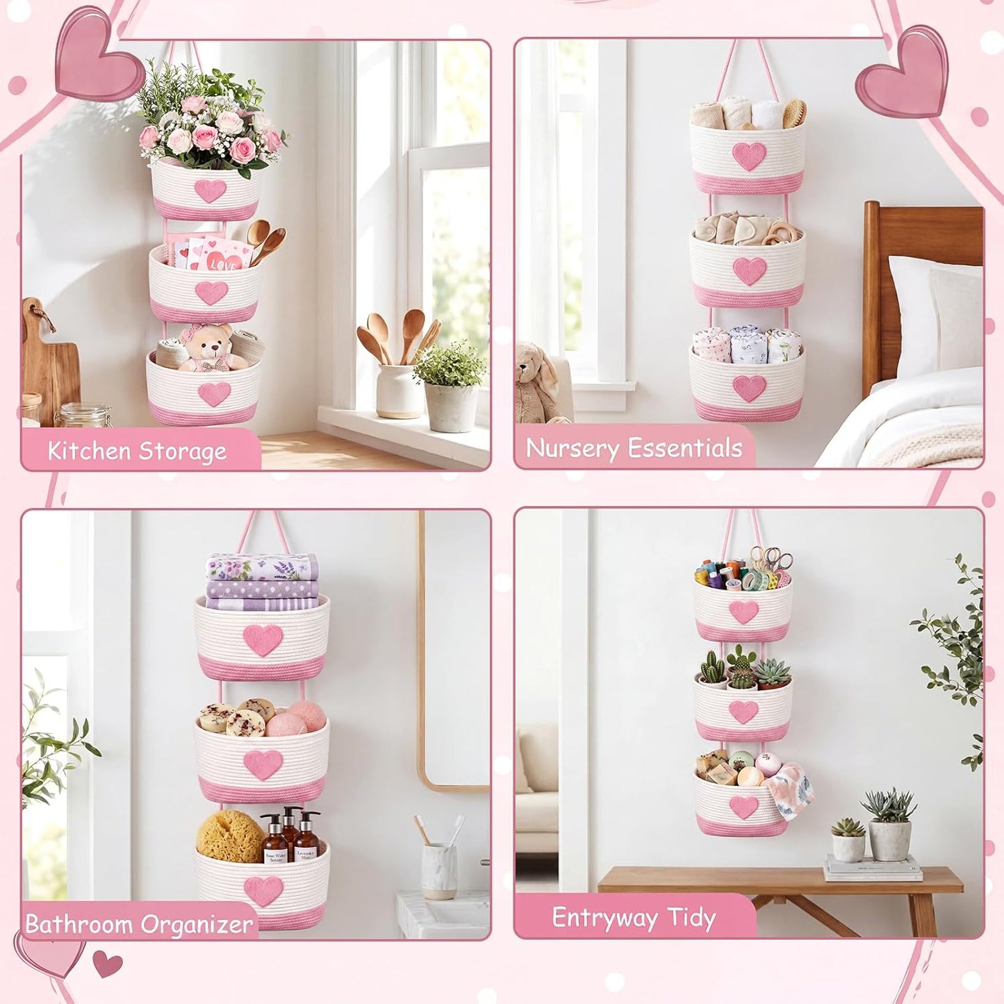 3-tier Heart Theme Cotton Rope Hanging Basket Organizer, Wall Storage Bin with Hooks, Pink White over Door Decorative Nursery Closet Hanging Accessories