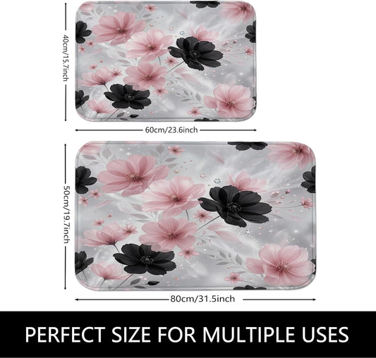 Elegant Floral Quick Dry Bath Mat, Peach and Black Flower Design Absorbent Non Slip Shower Mat, All Season Washable Bath Rugs for Bathroom Toilet Restroom Decorative 20x32 Inch