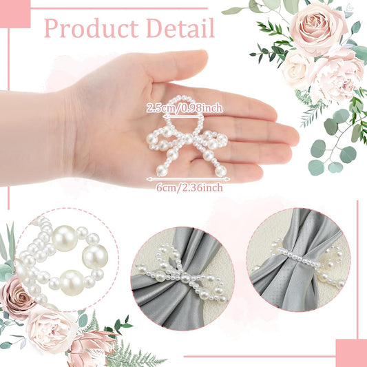 12 Pcs Pearl Bow Napkin Rings Imitation Bow Pearl Ring Napkin Holder Delicate Beaded Serviette Buckles for Christmas Wedding Party Dinner Table Decor and Daily Use(Elegant)