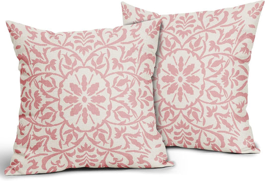 Light Pink Ethnic Boho Pillow Covers 16 X 16 Inch Bohemian Carpet Style Vintage Flower Print Decorative Throw Pillows Outdoor Linen Square Cushion Case Farmhouse Decor for Home Sofa Bed Set of 2