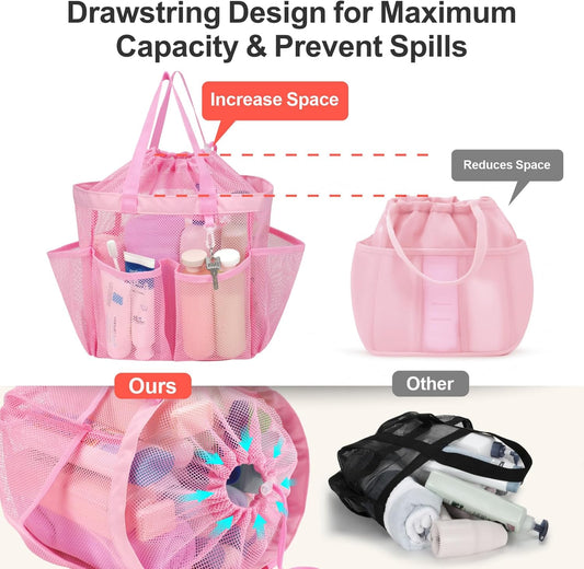 F-color Mesh Shower Caddy Portable with Drawstring - Large 8 Pockets Dorm Room Essentials for Guys Girls with S Hook, Shower Bag Basket Tote for College Camping Gym Travel Toiletry Bathroom, Pink