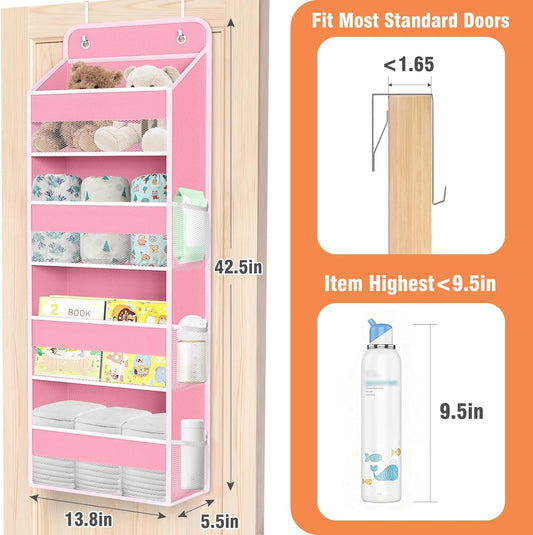 WISELIFE Over The Door Organizer Storage 4 Shelves Large Capacity Hanging Bedroom Storage Solution with 6 Side Pockets for Dorm Bathroom Pantry Nursery and Baby Essentials Holds up to 40 Lbs (Pink)