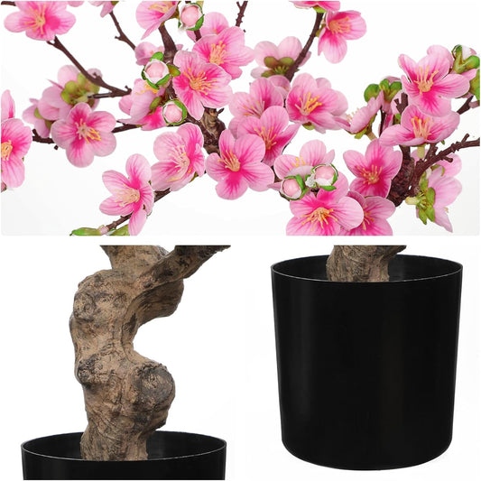 Faux Cherry Blossom Decor Pink Silk Flowers Arrangement 17.3" Small Cherry Blossom Flowers Tree Realistic Artificial Flowers with Vase Pot Fake Flowers for Home Office Table Centerpiece Wedding Decor
