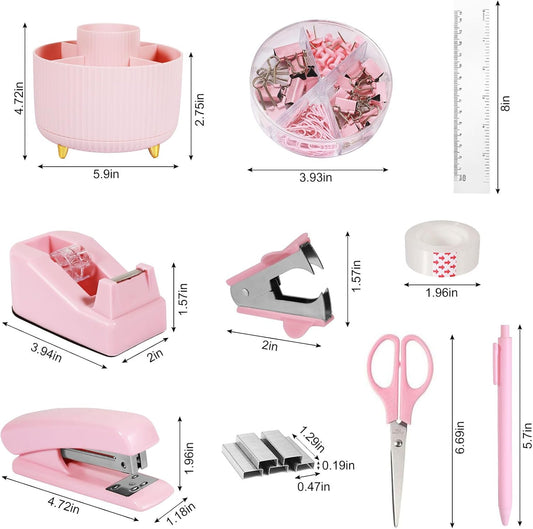 Gawsey Desk Organizers and Accessories Set with 360-Degree Rotating Pen Holder, Tape Dispenser, Stapler, Staple Remover, 1000 Staples, Tape, Clips Set, Ruler, Scissor, Pen (Pink-A)