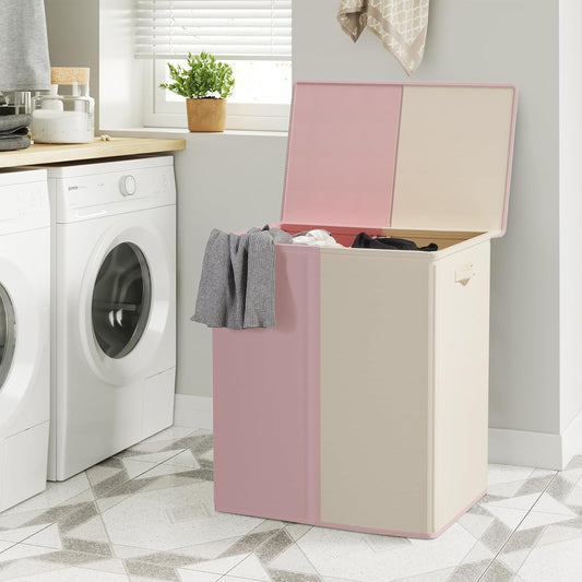 WOWLIVE Double Laundry Baseket with Lid and Removable Laundry Bags,154L Large Laundry Hamper 2 Section Collapsible Dirty Clothes Hamper for Laundry Room,College Dorm,Bathroom,Pink and Beige