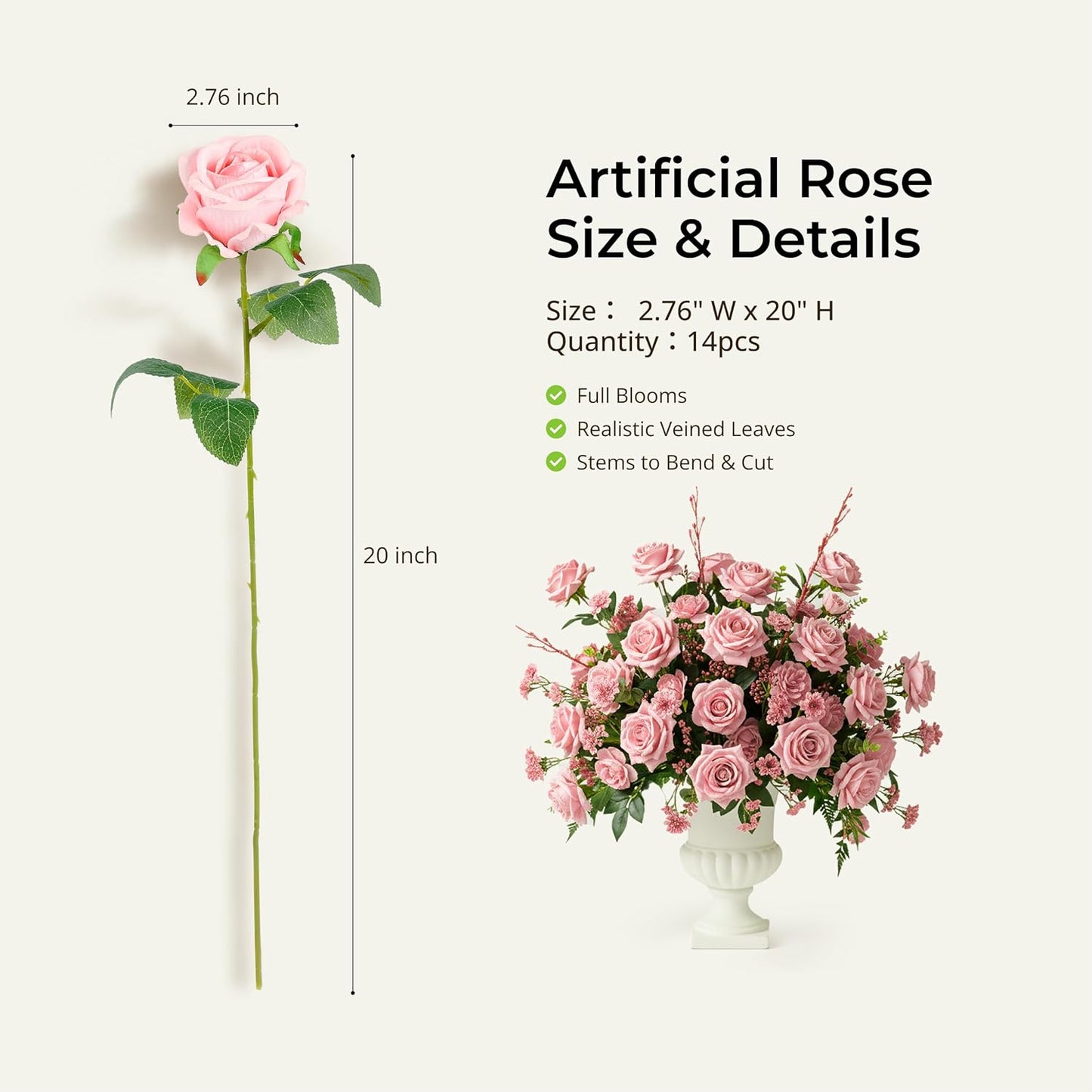 Auihiay 14PCS Pink Fake Roses, Artificial Roses Flowers with Long Stems for Mother's Day, Valentine's Day, Wedding Bouquet, Baby Shower, Birthday, Home & Party Decor