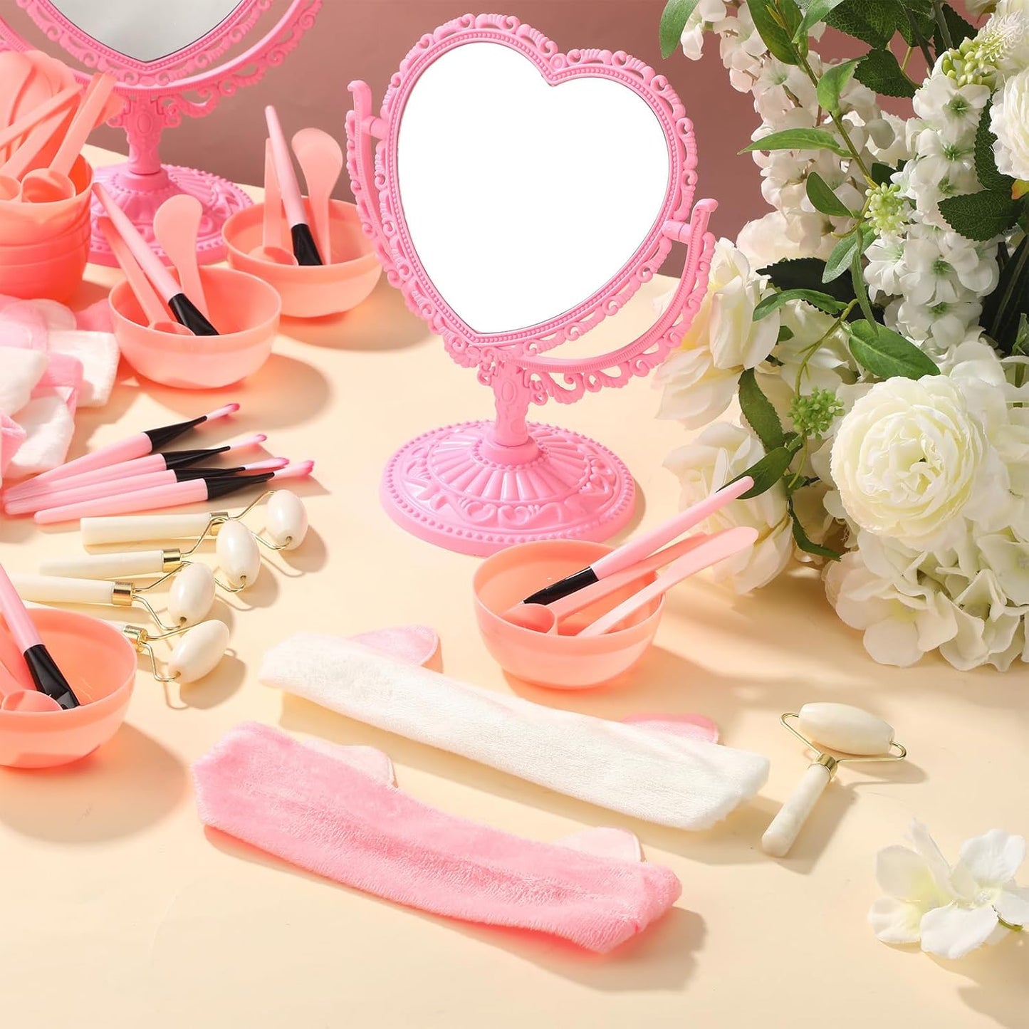 8 Set Spa Party Supplies for Women Spa Party Favors Bulk Include Heart Shaped Mirrors Jade Roller Face Mask Mixing Bowl with Stick Headbands Pink Birthday Gifts Sleepover Parties Supplies