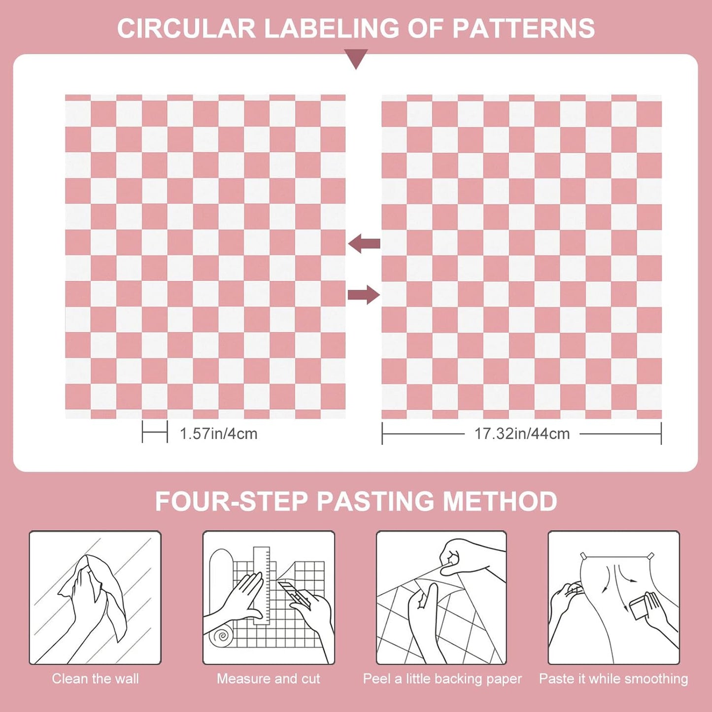 CAX Checkerboard Peel and Stick Wallpaper 17.3"x80" Pink and White Contact Paper Self-Adhesive Removable Vinyl Roll Waterproof Checkered Wallpaper for Bathroom Cabinets Shelf