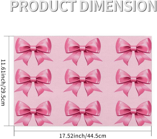 Cute Bow Placemats Set of 4 Vinyl Washable Non-Slip Pink Bowknot Table Mats, Heat Resistant Wrinkle Free Place Mats for Dining Table