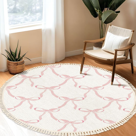 Pink Bow Rug Round Rugs Cute Coquette Pattern Seamless Pink Ribbon Bow White Boho Area Rugs Linen and Cotton Carpet Meditation Rug Washable Hallway Runner Mat for Bedroom Nursery 6ft