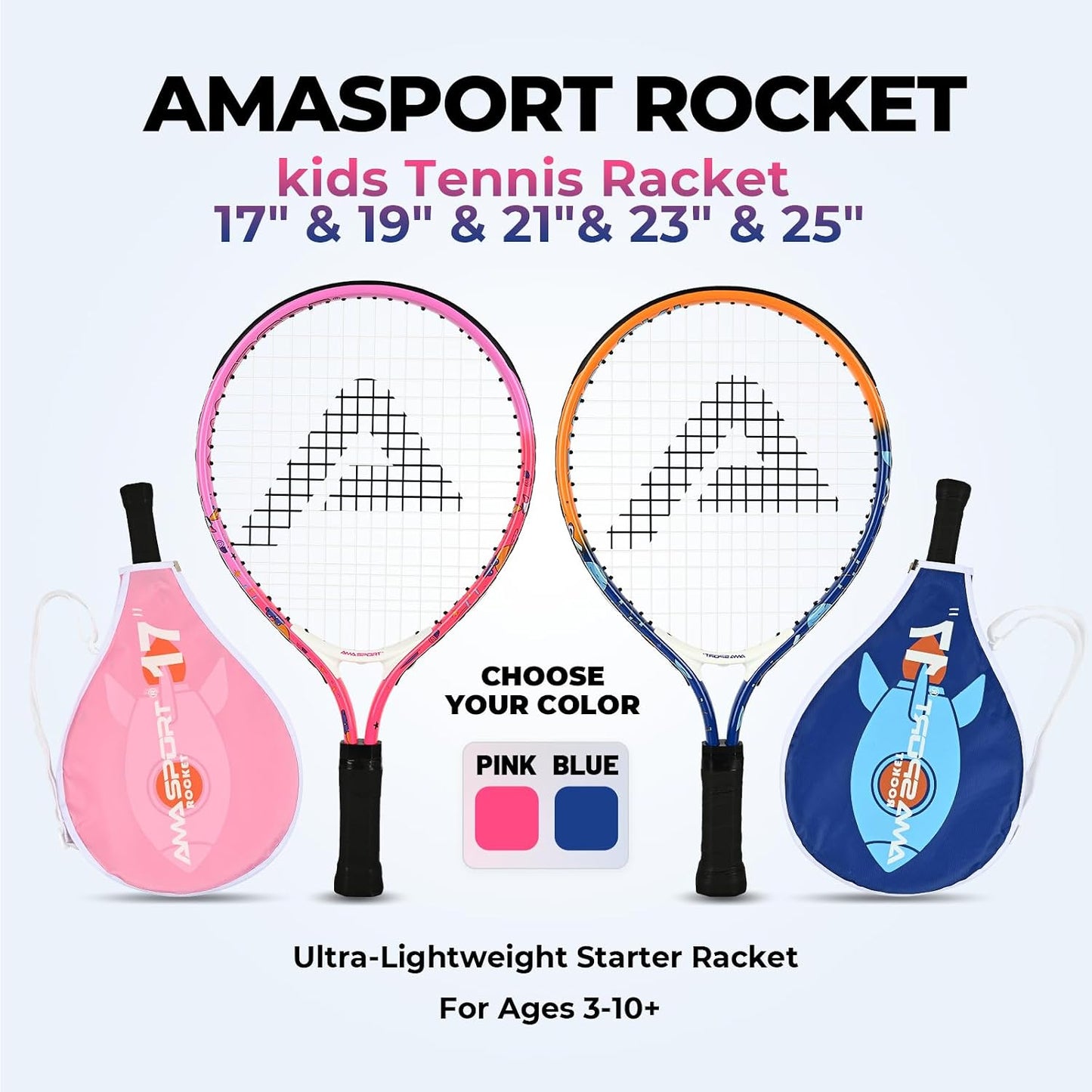 AMA SPORT Kids Tennis Racket 17/19/21/23/25 Inch Tennis Racket for Kids Girls and Boys Beginners Toddlers Starter Junior Racquet with Shoulder Strap Bag (Age 2-10)