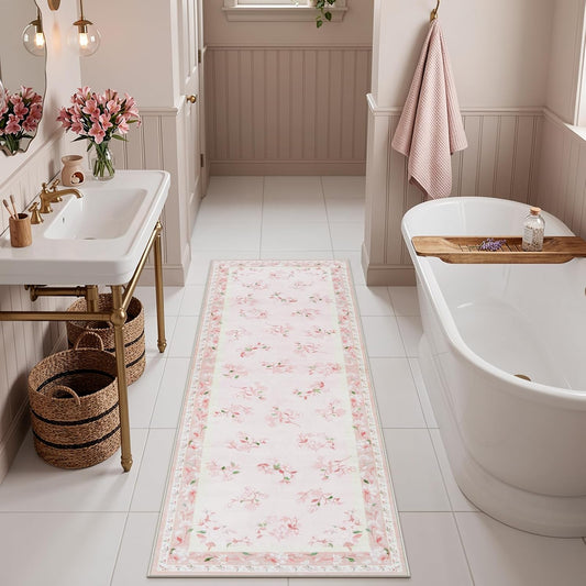 LIVEBOX Floral Girls Rugs for Bedroom, 2 x 6 Washable Nursery Runner Rug, Non Slip Boho Pink Area Rug Soft Runners for Bathroom, Ultra Thin Flower Indoor Carpet Runner for Kitchen, Pink