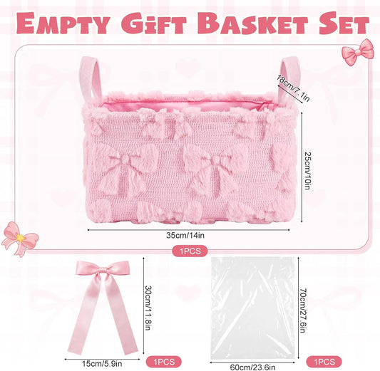 Pink Bow Storage Basket with Handles for Gifts 14 x 11 in Large Bow Basket for Nursery Living Room with Clear Gift Bags and Pink Bows for Wedding Baby Shower Brithday Graduation Party Supply