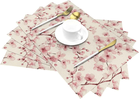 Cherry Blossoms Placemats Set of 4 Watercolor Floral Branches Place Mats Elegant Pink Flowers Rectangle Table Mat Washable Placemat for Party Kitchen Dining Indoor Outdoor Decor 12x18 Inch
