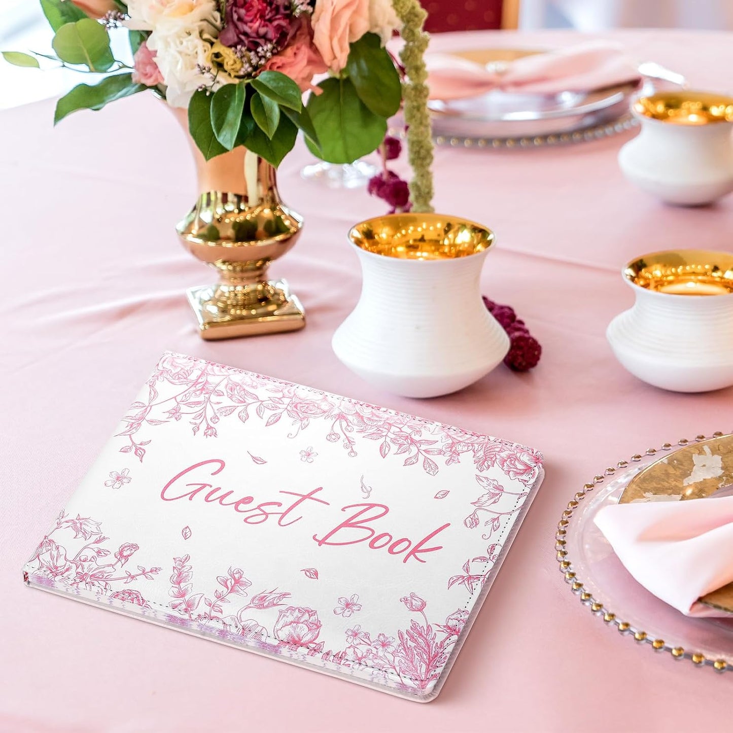 Panelee Wedding Guest Book 7 x 9 Inches for Reception with Pen Set Elegant Guest Book Bridal Shower Guestbook Beautiful Reception Guestbook for Wedding Graduation(Pink,Flower)