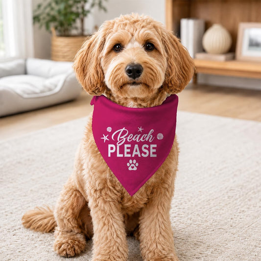 Beach Please Dog Bandana, Summer Pet Triangle Scarf for Beach Vacation Pool Party Photo Outfit, Hot Pink Neckerchief for Small Medium Dogs