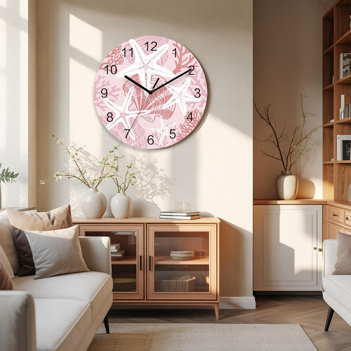 Starfish Wall Clock Battery Operated Non-Ticking 10" Round Wood Clocks, Coastal Starfish Sea Snail Coral Plaid Pink Kitchen Wall Clock for School Bathroom Living Room Home Office Wall Decor