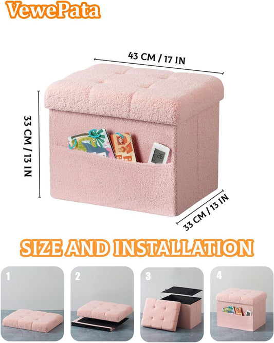Storage Ottoman Foot Stool,Faux Teddy Tufted Foot Rest, Space Saver Chair with Storage,Ergonomic Stool for Bedroom/Living Room/Desk/Office(17x13x13 inches, Pink)