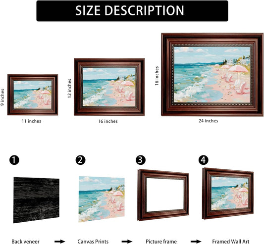 Framed Pastel Coastal Canvas Wall Art Pink Beach Umbrella Painting Picture Wall Decor Tropical Beach Scene Poster Print Artwork for Preppy Living Bedroom Bathroom Home Decoration 9x11 in