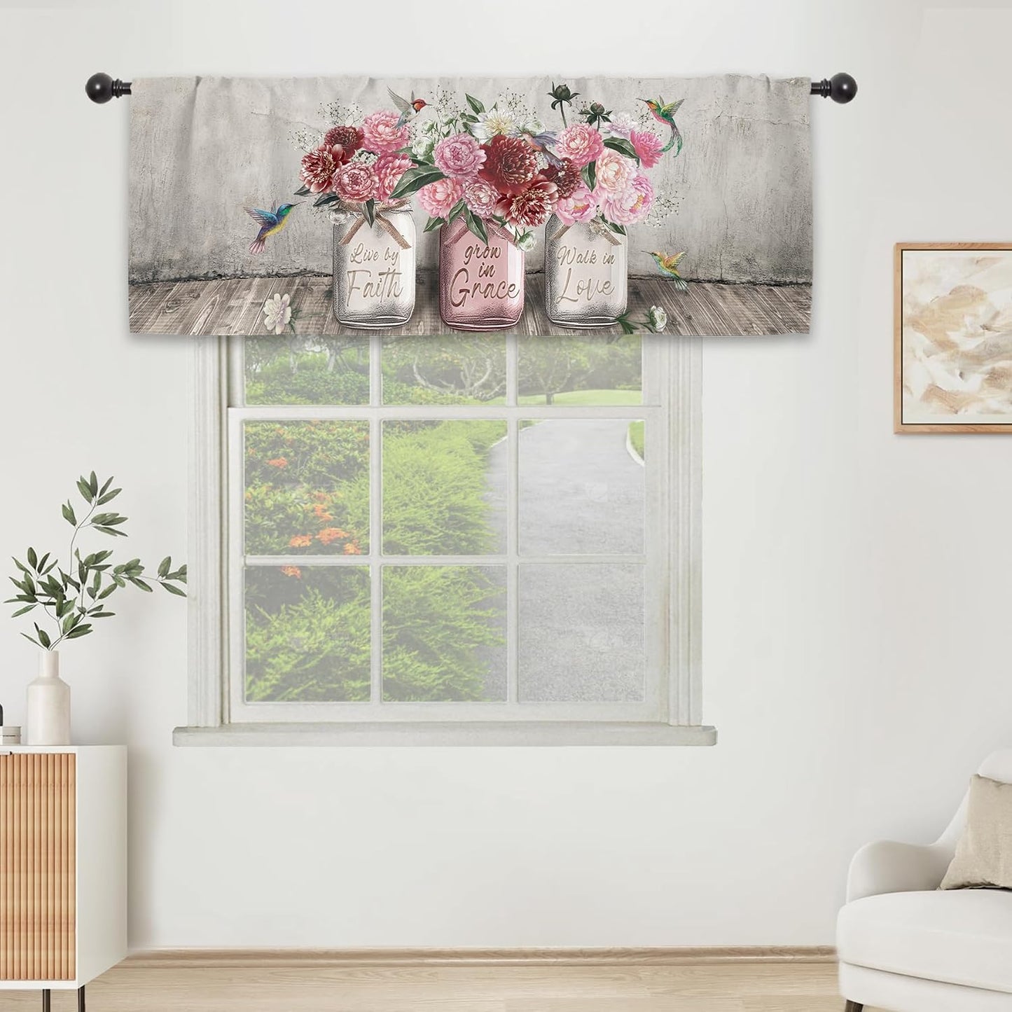 Rustic Farmhouse Peony Rose Kitchen Curtain Valance 54W x 18L Inch Barn Door Pink Red Flower Country Wooden Inspirational Rod Pocket Short Cafe Small Window Treatment Drapes Decor