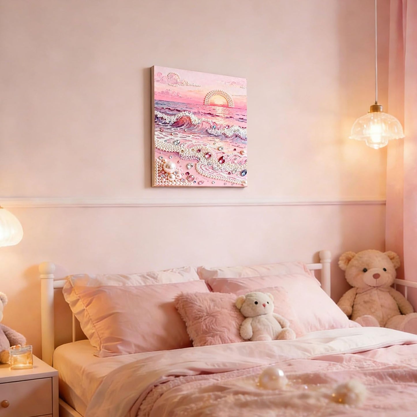 WANDIC DIY Pink Beach Pearl Painting Kit, 15.75 * 11.81in Plastic Pearl Art Craft Handmade Pink Beach Decor 3D Art Craft for Adults Beginners Home Decor Present