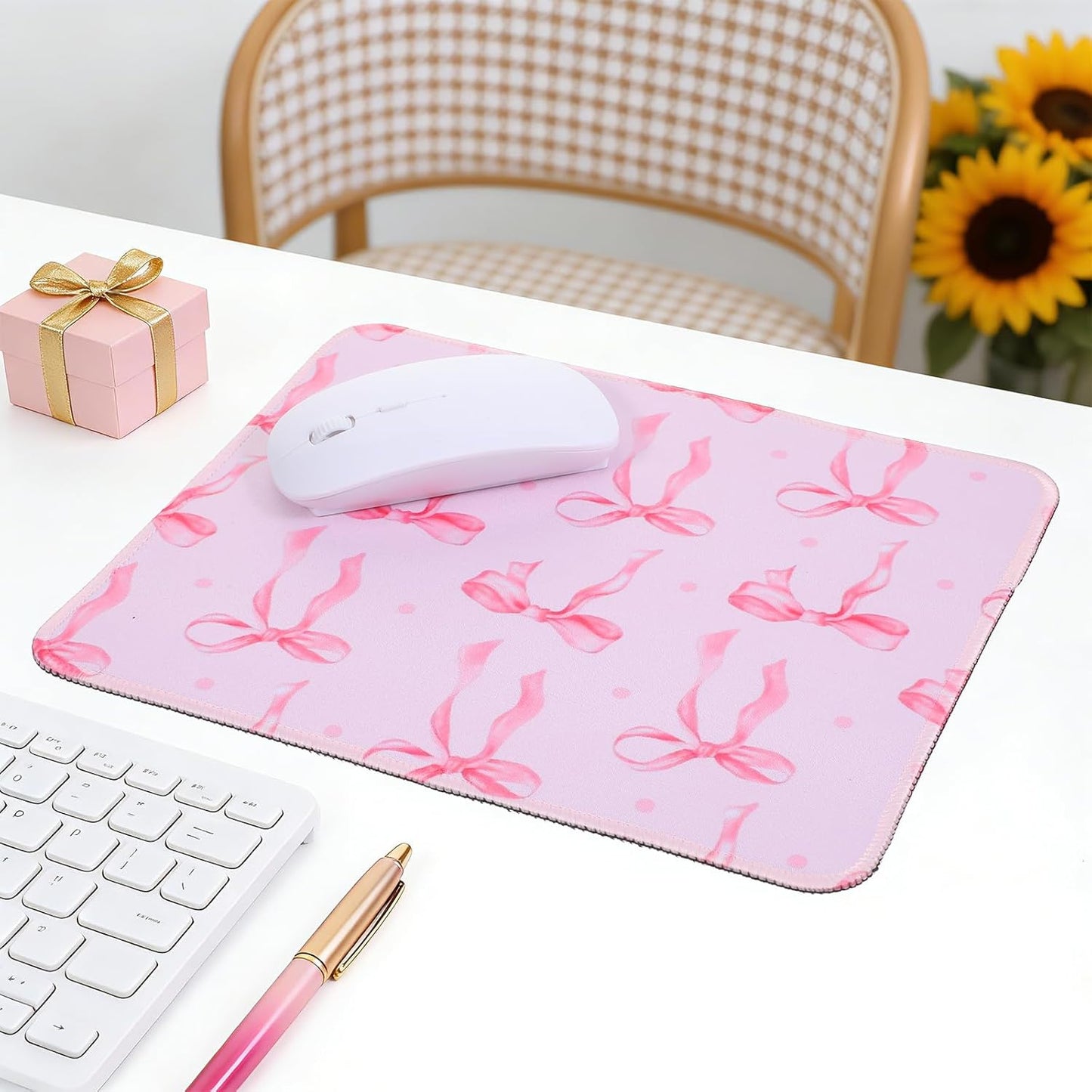 Thinp Bow Mouse Pad, 10 x 8 Inch Square Computer Mouse Pad Small Mouses Pads with Non-Slip Rubber Base Cute Kawaii Mouses Pads Washable Mouse-Mat for Laptop Home Office Gaming Working (Pink)