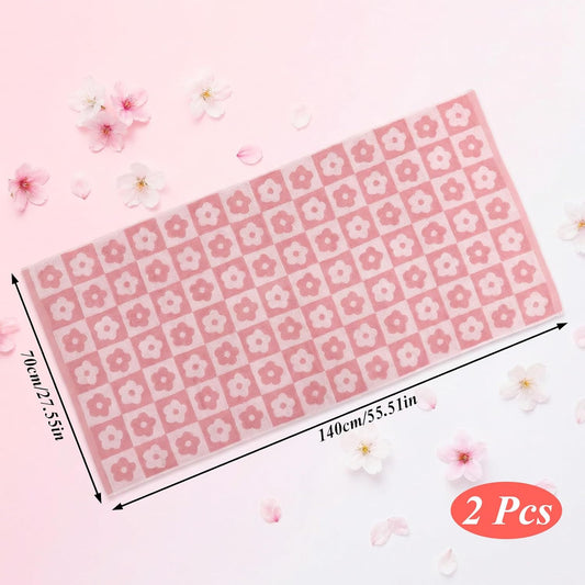 2pcs Bath Towels Checkered Floral 27.5x55 Inches Cotton Bath Towels Set of 2 Pink Baths Towel Large for Women Girls Lightweight Absorbent Towel for Hand Drying and Face Washing Cute Bathr