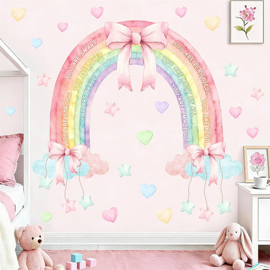 Large Watercolor Rainbow Wall Decals Pastel Pink Bow Wall Decor for Girls Bedroom Kids Inspirational Vinyl Sticker Peel and Stick Self-Affirmation Clouds Art Mural for Baby Kids Room Nursery Playroom