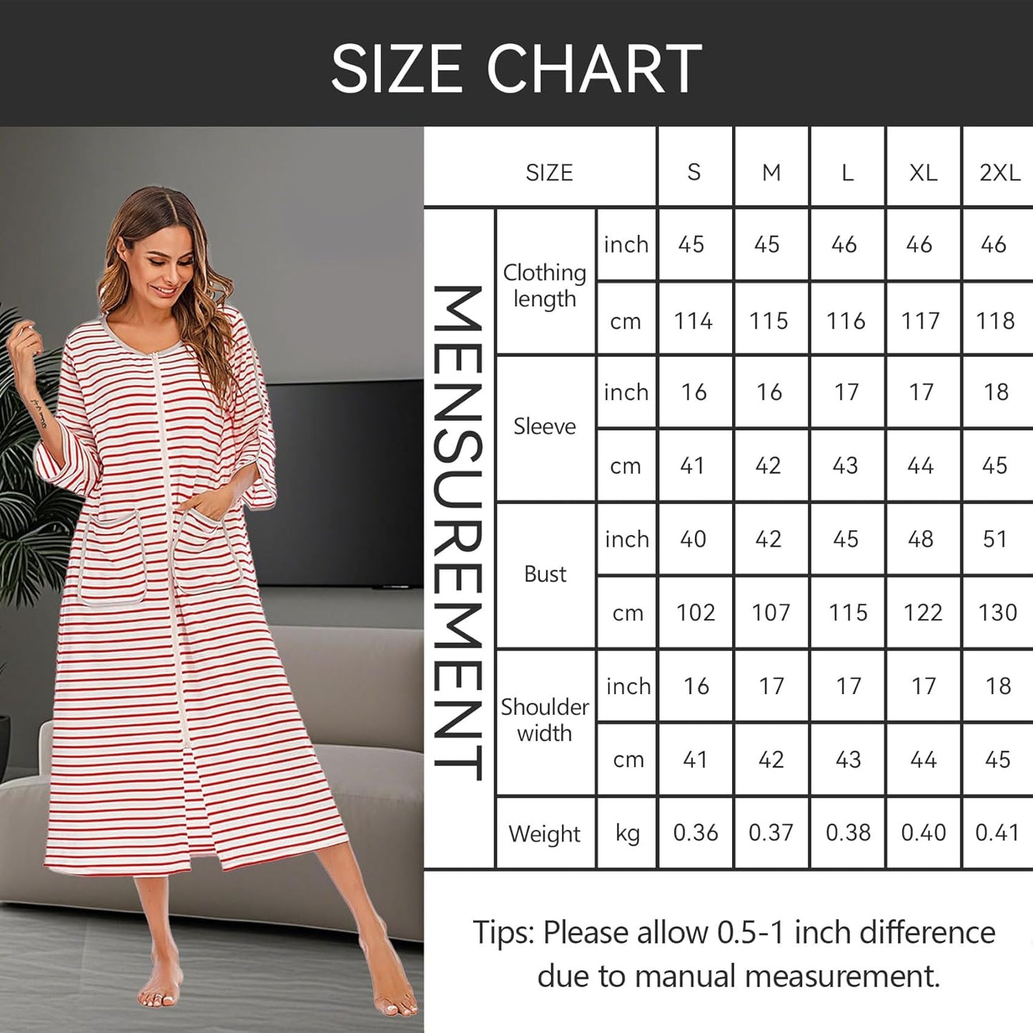 RONGTAI Comfy Cotton Long Robe with Front Zipper - Slimming Striped 3/4 Sleeve Nightwear with Pockets for Women (Year-Round)