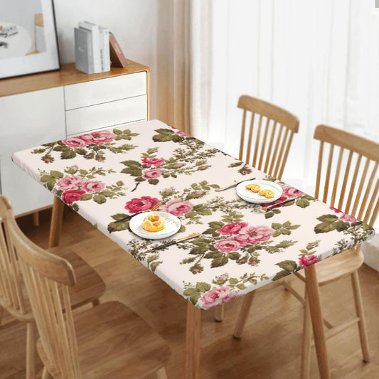 Elegant Vintage Pink Roses-Buff Rectangle Tablecloth Waterproof Elastic Fitted Table Cover for Dining, Camping, Outdoor 30"x72"