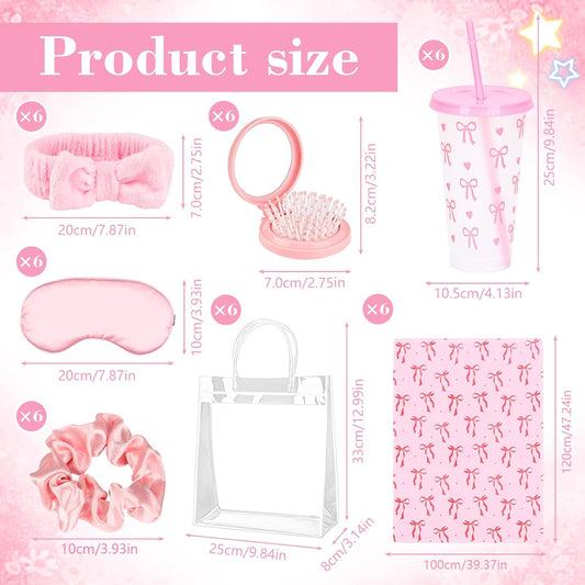 42PCS Sleepover Party Supplies for Girls, 6 Pink Bow Blanket 6 Tumbler 6 Spa Headb 6 Sleep Eye Mask 6 Scrunchies 6 Bags 6 Mirrors Combs for Spa Birthday Slumber Party Gifts-Pink Bow