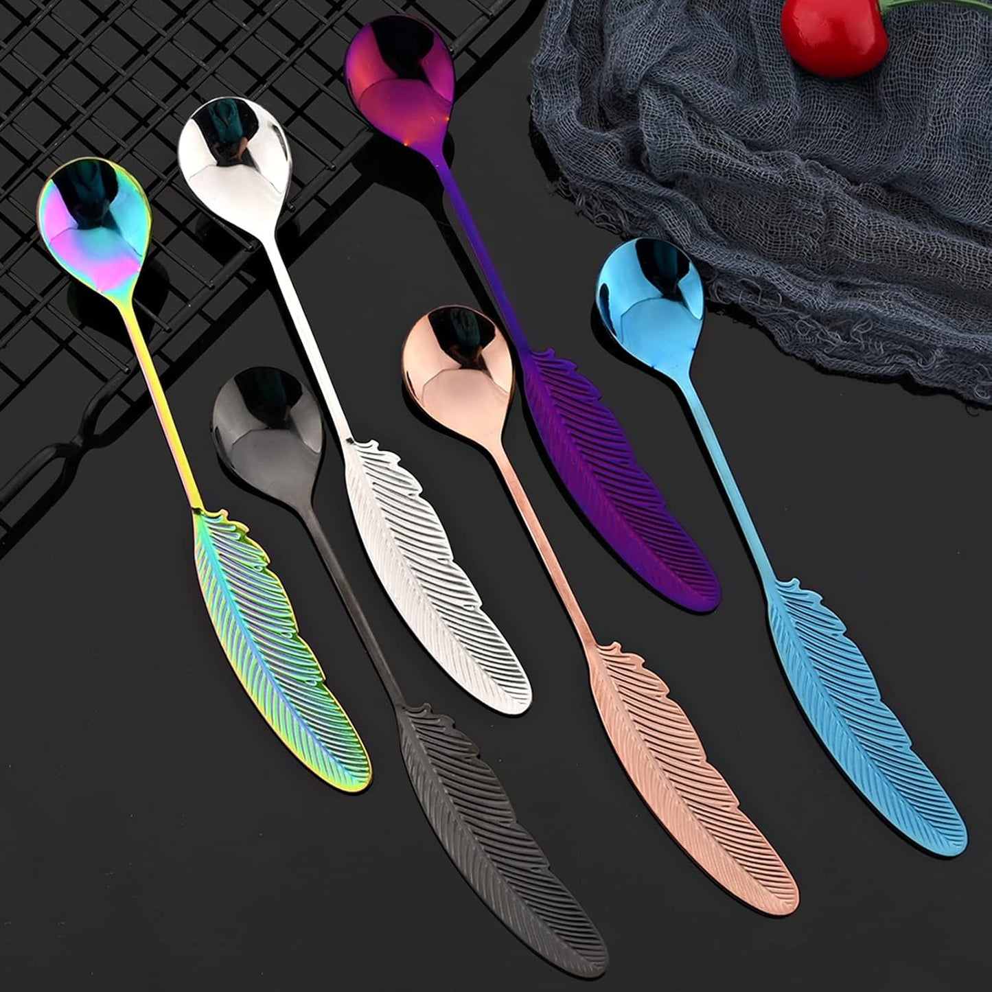 JASHII 8Pieces 304 Stainless Steel Copper Feather Coffee Spoon 4 and Appetizer Fork 4 Tableware Mini Dessert Utensils Set Creative Spoons and Forks for Stirring, Fruit, Cake, Coffee, Tea-Rose Gold