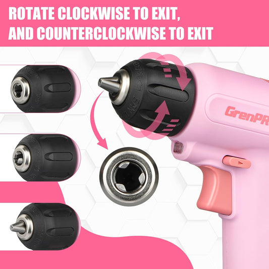 GRENPRO Cordless Drill, 7.2V Power Drill Set with 23pcs Acessories, 3/8" Keyless Chuck, Built-in LED, Type-C Charge Cable, Cleaning Brush Head, Pink Electric Screwdriver for Women