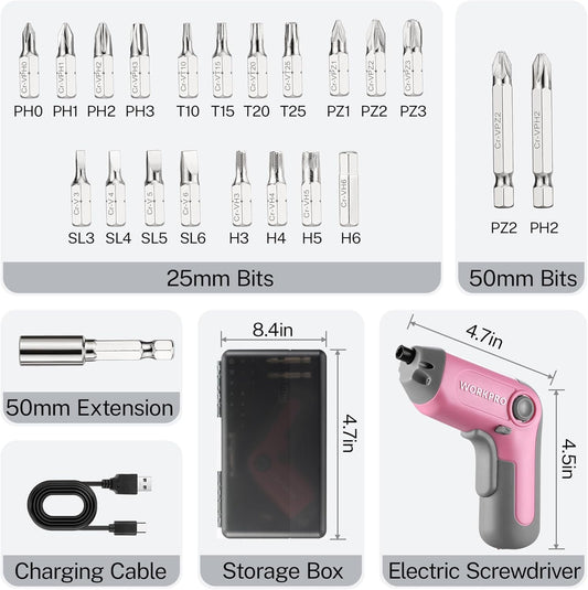 WORKPRO Electric Cordless Screwdriver with Offset Driving Shaft, 3.6V Automatic Rechargeable Screw Driver with 22PCS Bits, Battery Powered Automatic Screw Gun with LED Light & Carry Case - Pink Ribbon