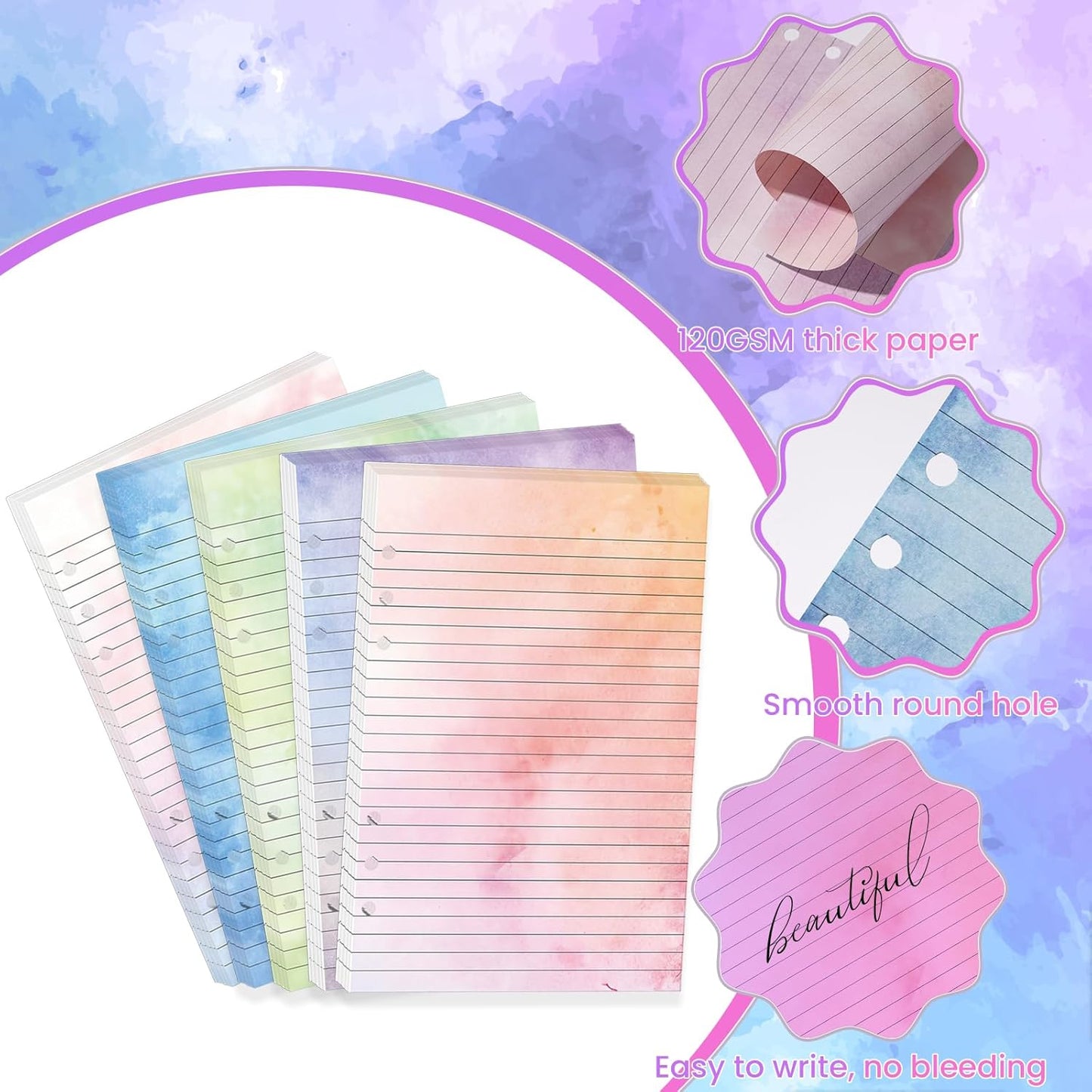 100 Sheets Gradient A5 Refill Papers for Planner Binder Insert with Pink Pu Leather 6 Ring Binder Cover, 120GSM Thick Watercolor Loose Leaf Papers Filler for Notebook Journal Girls Women Graduation