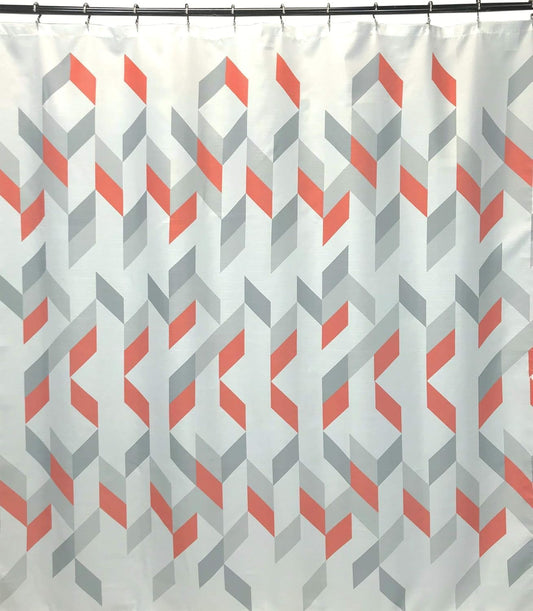 Serafina Home Decorative Luxury Geometric Fabric Shower Curtain: Coral Peach Grey Gray White Chevron Striped Design, Includes 12 Rollerball Hooks