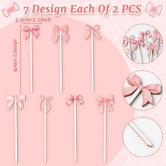 TICIAGA Pink Bow Wooden Picks - 14PCS Pink Bow Tie Double-Sided Wooden Decorative Pick for Home Cute Vase Filler Wooden Bow Tie Decorative Pick for Farmhouse Decor Bow Tie Theme Decorations for Home