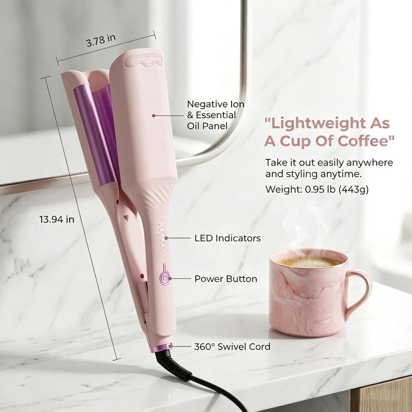 Hair Crimper for Women’s Beach Waves – Pink Deep Waver Curling Iron, 1.25-Inch Ionic Ceramic Hair Tool with Four Temperature Settings, Easy to Use for Long/Short Hair(Pink)