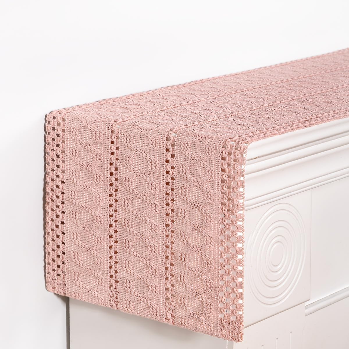 DeZerlor Boho Macrame Table Runner Easter Farmhouse Woven Small Table Runner 60 Inches Pink Cotton Linen Kitchen Table Decor for Spring Dining Dresser Home Everday Use