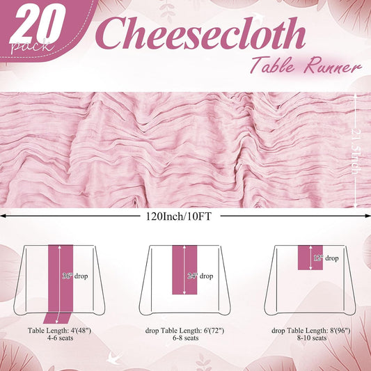 20 Pack Light Pink Cheesecloth Table Runner 10FT Long Boho Gauze Fabric Table Runner Vintage Rustic Sheer Runners for Wedding Party Bridal Baby Shower Table Decorations