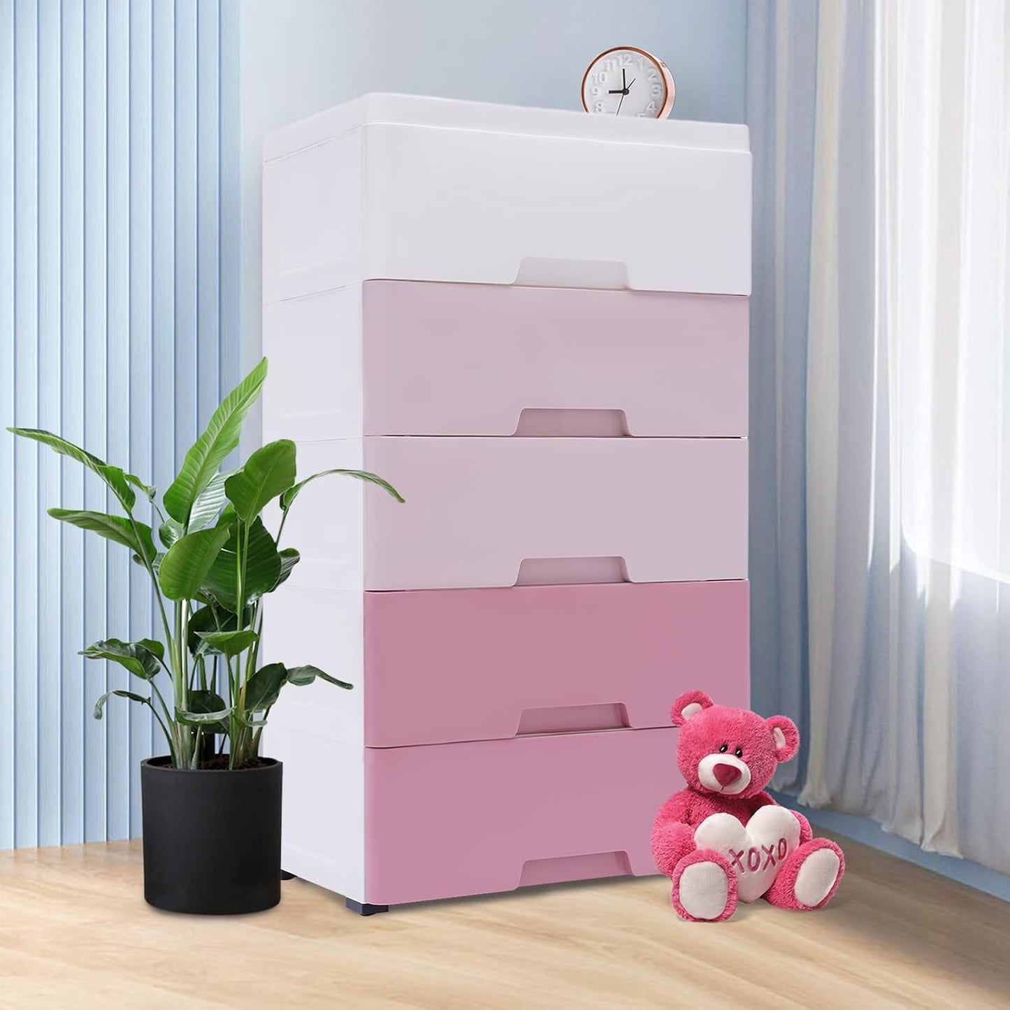 Vertical Dresser Storage Tower,Plastic Drawers Dresser,Storage Cabinet with 5 Drawers,Organizer Unit,Organizer for Bedroom (Gradient Pink 17.1 * 11.4 * 31.5in)