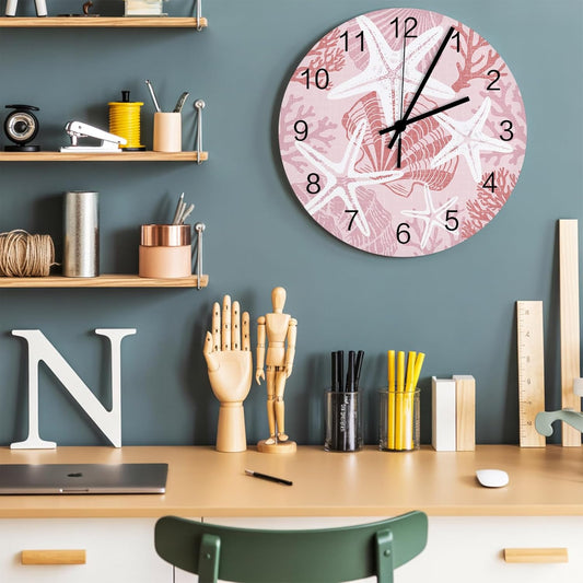 Starfish Wall Clock Battery Operated Non-Ticking 10" Round Wood Clocks, Coastal Starfish Sea Snail Coral Plaid Pink Kitchen Wall Clock for School Bathroom Living Room Home Office Wall Decor