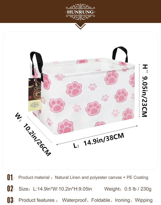 Rectangle Canvas Storage Basket Foldable Waterproof Toy Organizer Bin with Handles Fabric Collapsible Storage Bins for Shelves Kids Room Playroom Nursery Clothes and Pet Supplies(REC-Pink Paw)