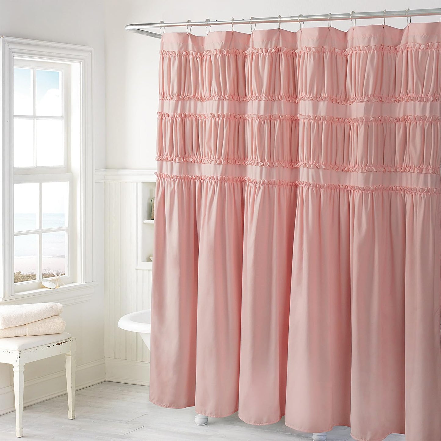 Homechoice Decor Ruched Ruffled Shower Curtain 72" W x 72" H, Peach Pink Microfiber Rustic Decorative Bath Curtain for Bathroom, Farmhouse and Boho Bathroom Décor, Machine Washable (LQ-38)